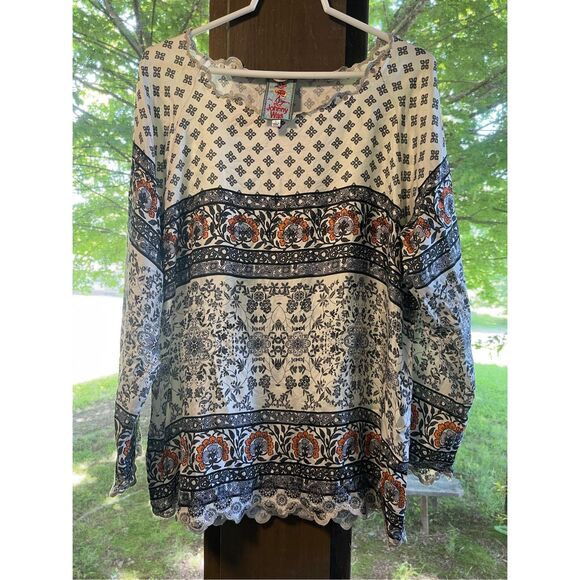 Johnny Was Rio 100% Silk Boho Blouse Top Tunic Embroidered Hems Sz L - Picture 2 of 5